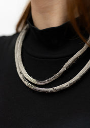 Bead Fringed Tube Oxidized Sterling Silver Plated Brass and Swarovski Necklace