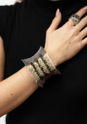 Striped Oxidized Sterling Silver Plated Brass, Swarovski and Silk Embroidered Cuff
