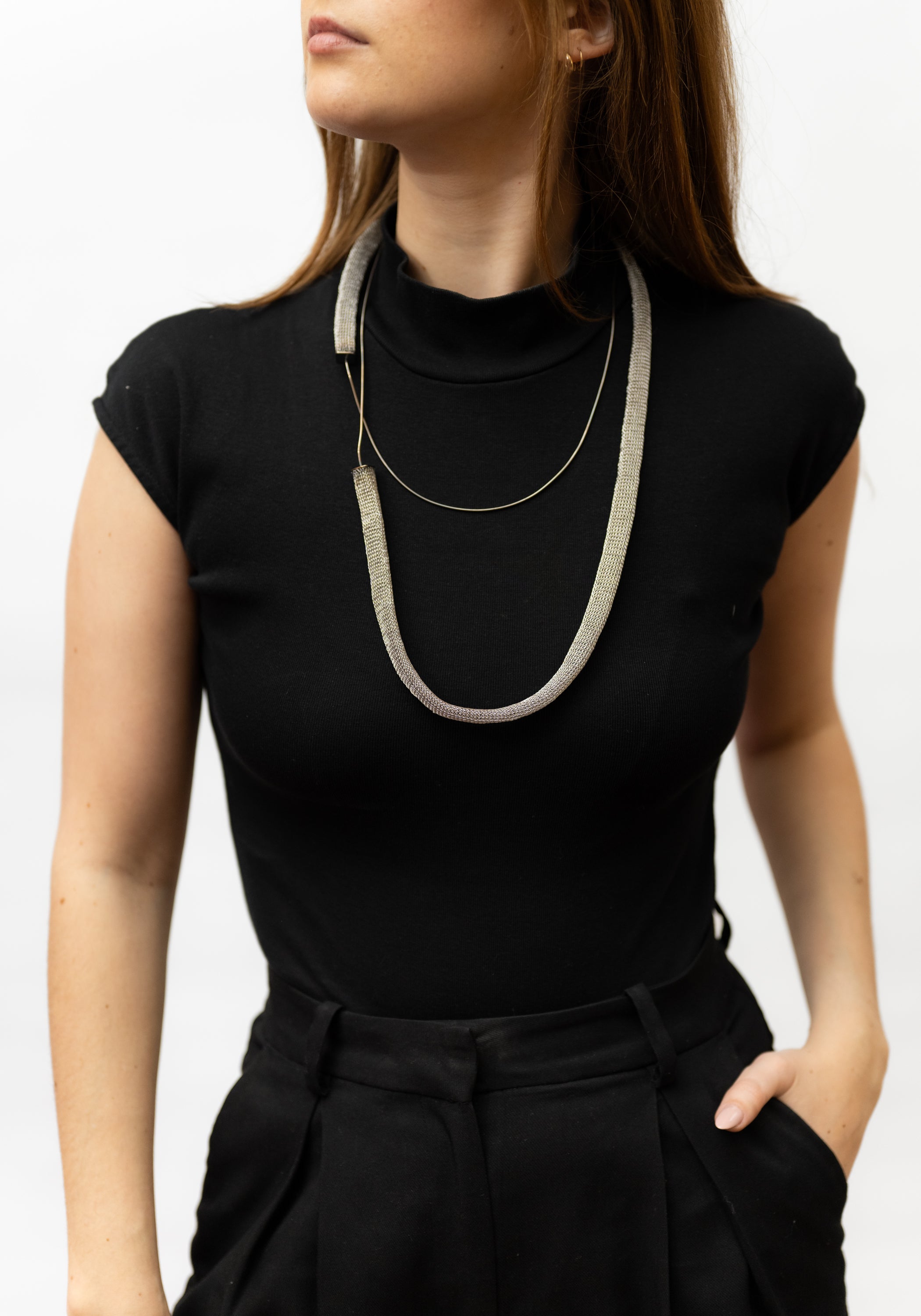 Tube and Cord Stainless Steel and Sterling Silver Necklace
