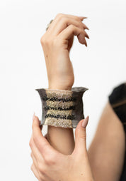 Striped Oxidized Sterling Silver Plated Brass, Swarovski and Silk Embroidered Cuff