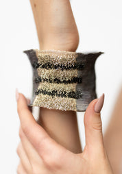 Striped Oxidized Sterling Silver Plated Brass, Swarovski and Silk Embroidered Cuff