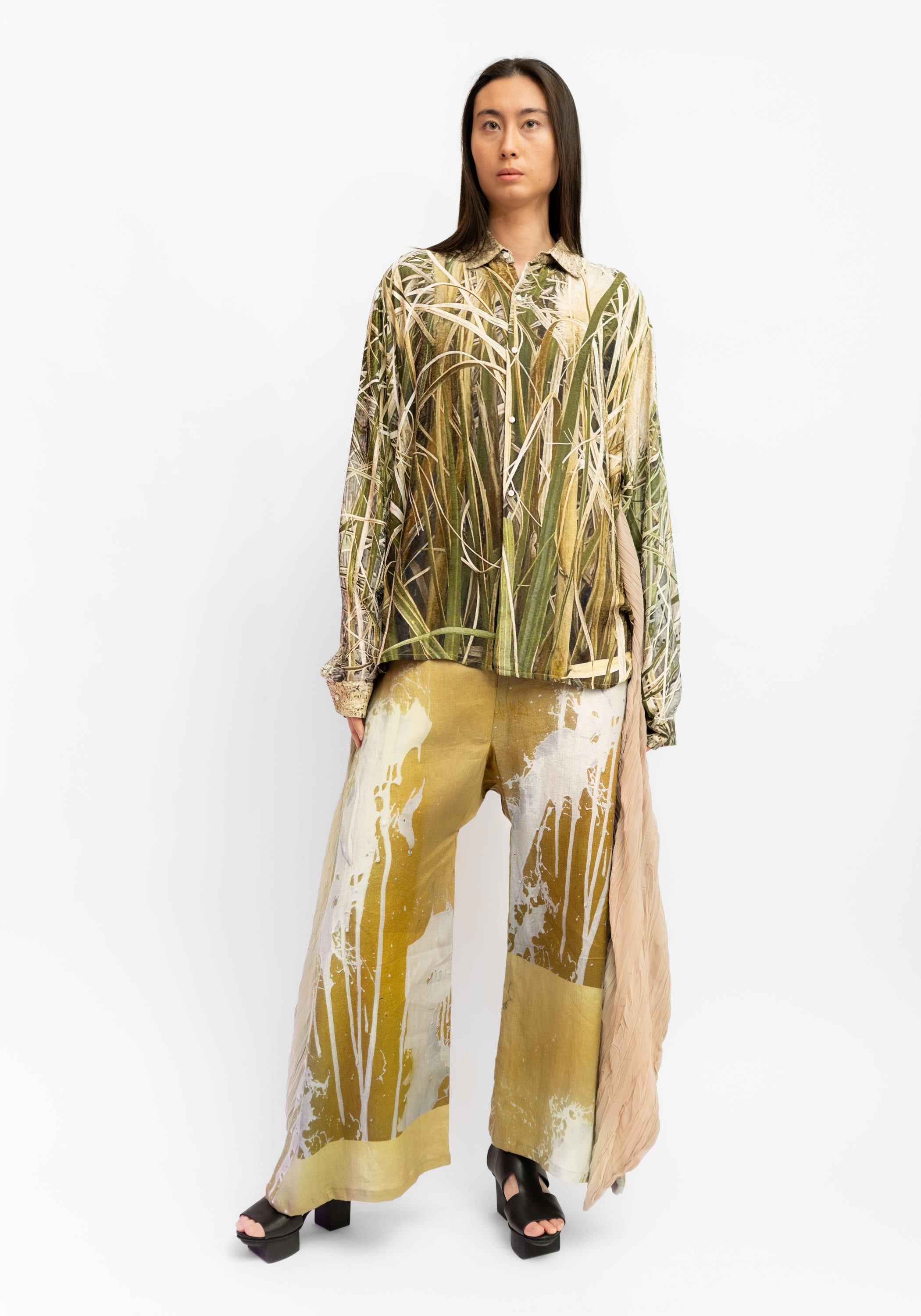 Draped Scarf Detail Oversized Puff Sleeve Printed Blouse