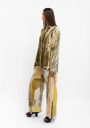 Draped Scarf Detail Oversized Puff Sleeve Printed Blouse