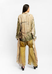 Draped Scarf Detail Oversized Puff Sleeve Printed Blouse