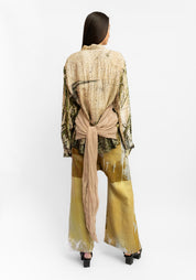Draped Scarf Detail Oversized Puff Sleeve Printed Blouse