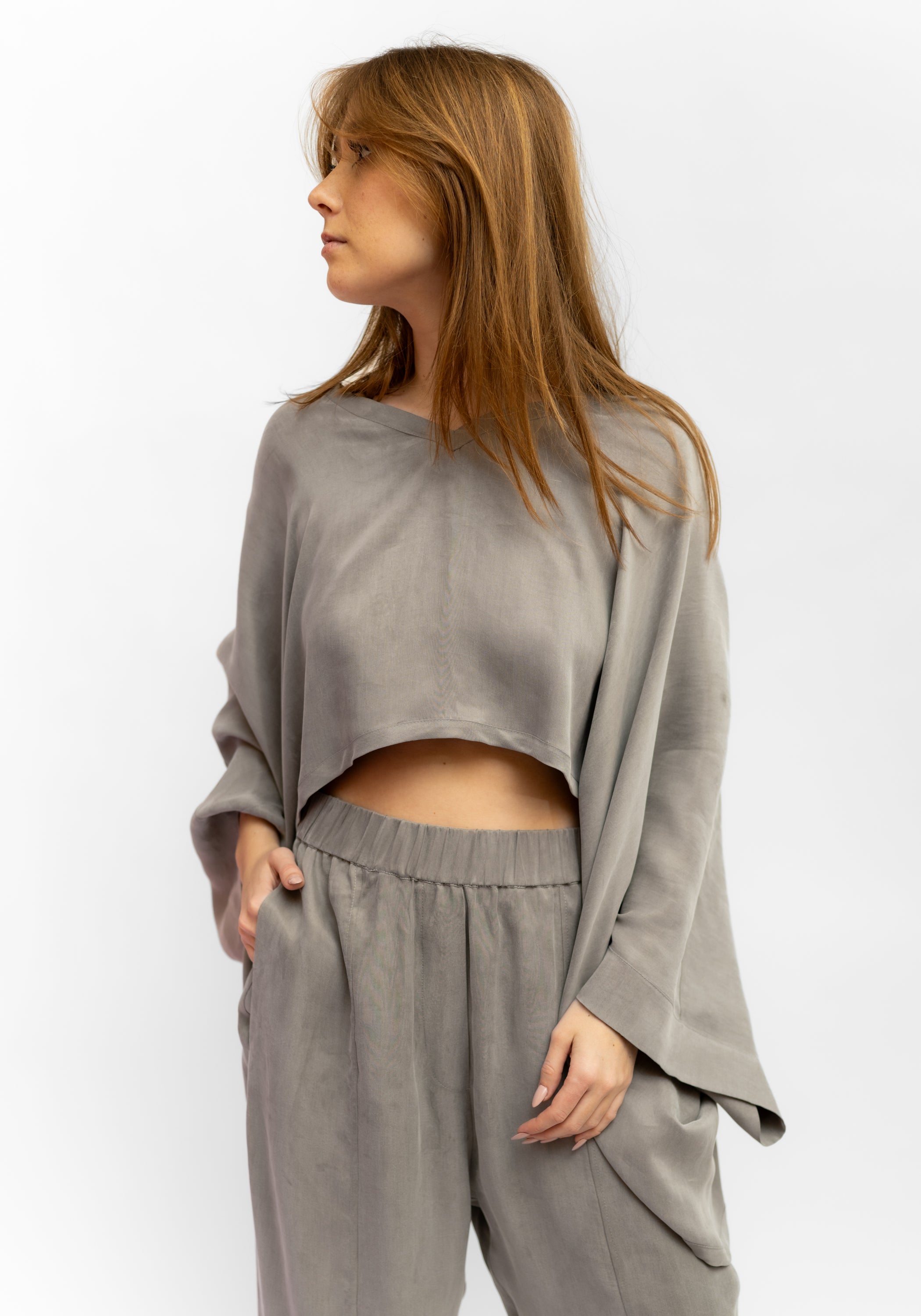Drop Shoulder Cropped V-Neck Top