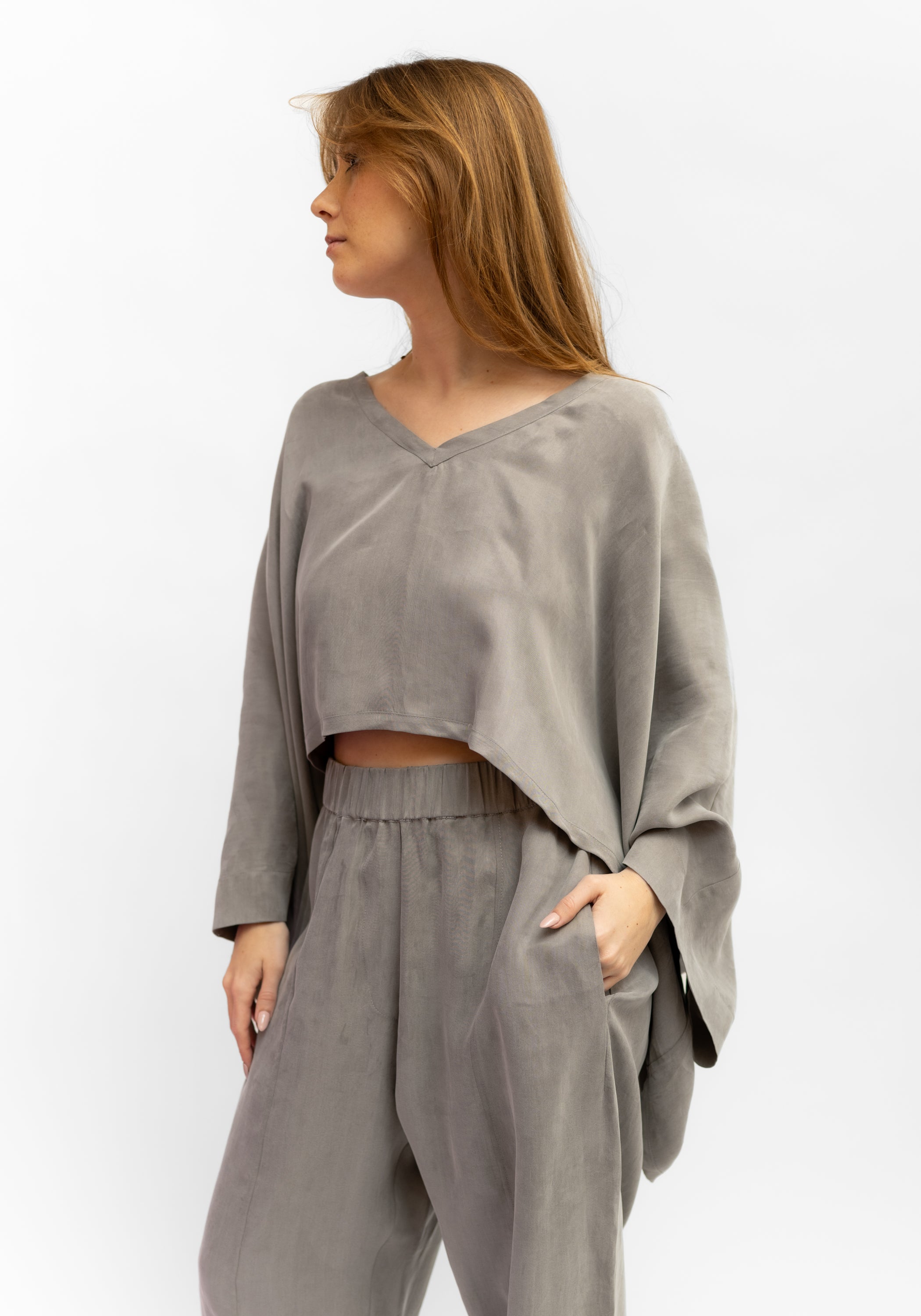 Drop Shoulder Cropped V-Neck Top