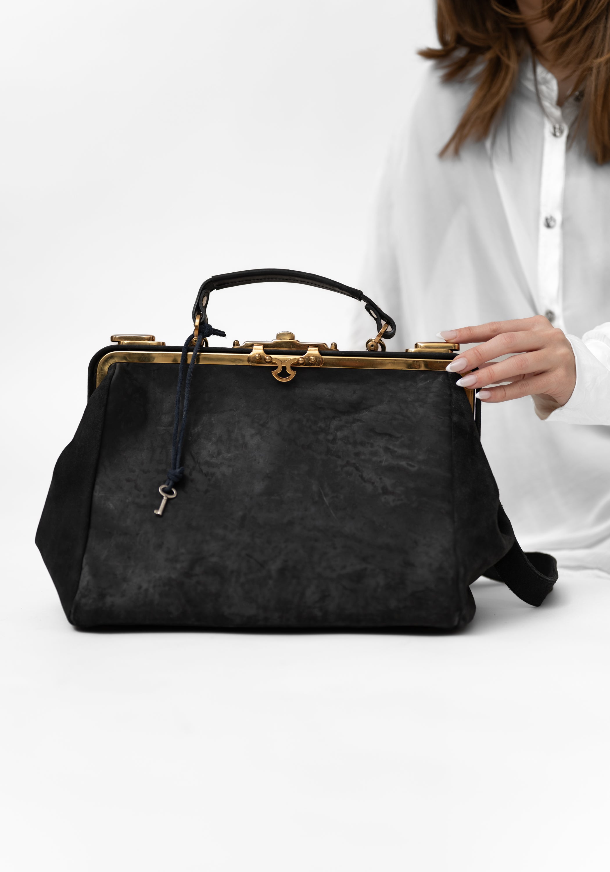 Black Leather Brass Hardware Otto Bag