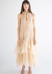 Sleeveless Layered Silk Ruffle Maxi Dress