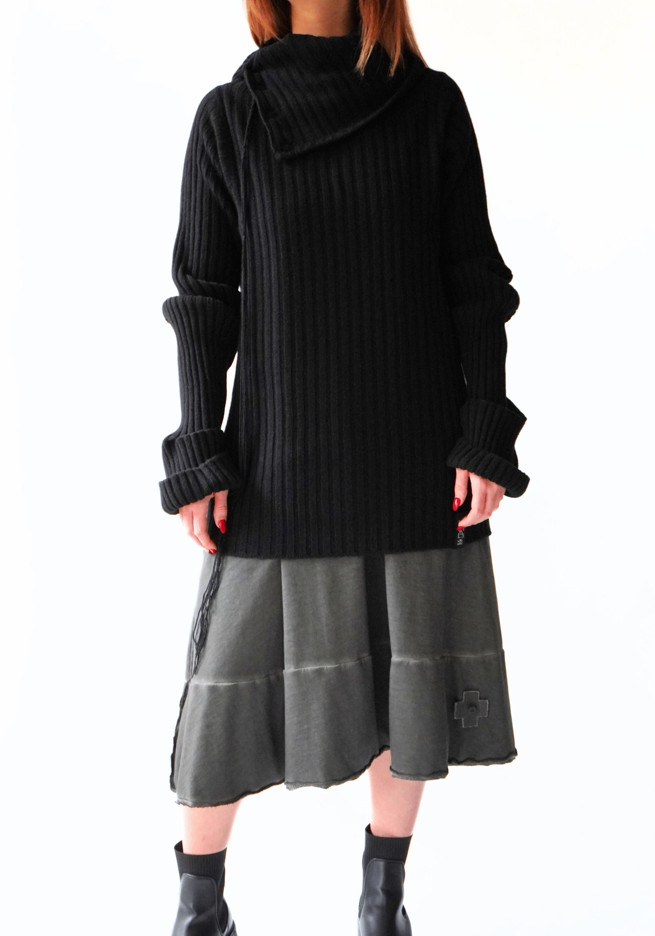 Donzo Hand Embroidered High Snap Neck Black Wool and Cashmere Blend Pullover