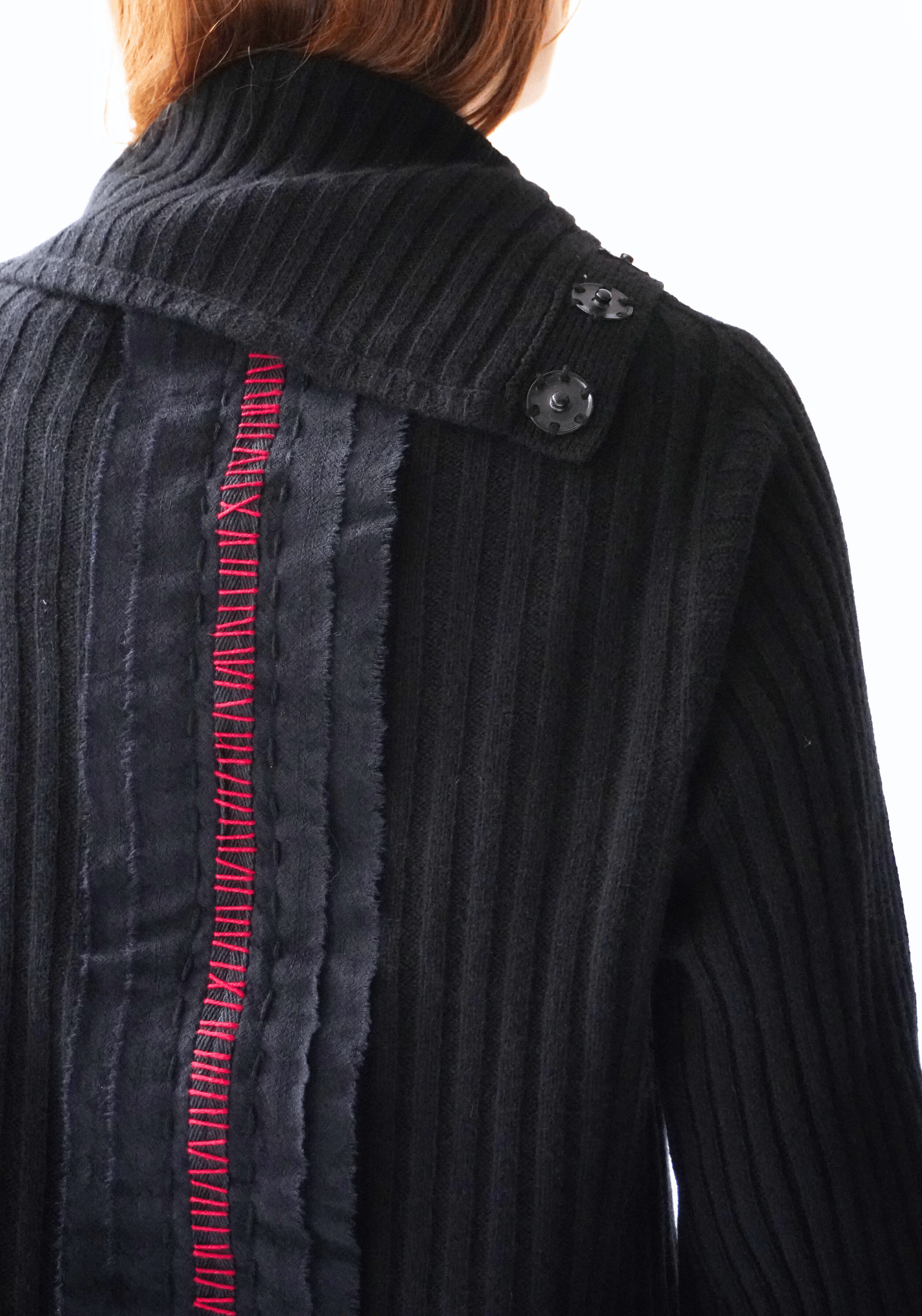 Donzo Hand Embroidered High Snap Neck Black Wool and Cashmere Blend Pullover