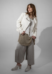 Distressed Off White Leather Biker Jacket