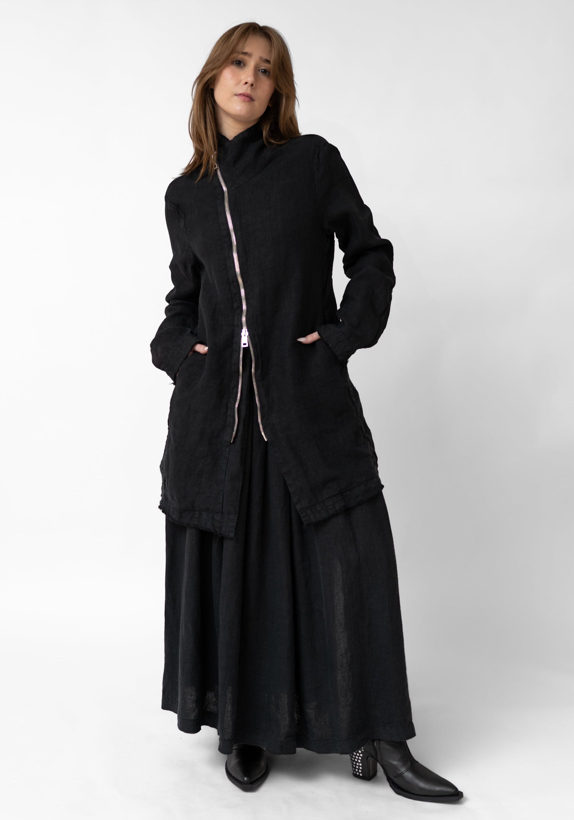High Neck Zip Front Linen Jacket - December Thieves