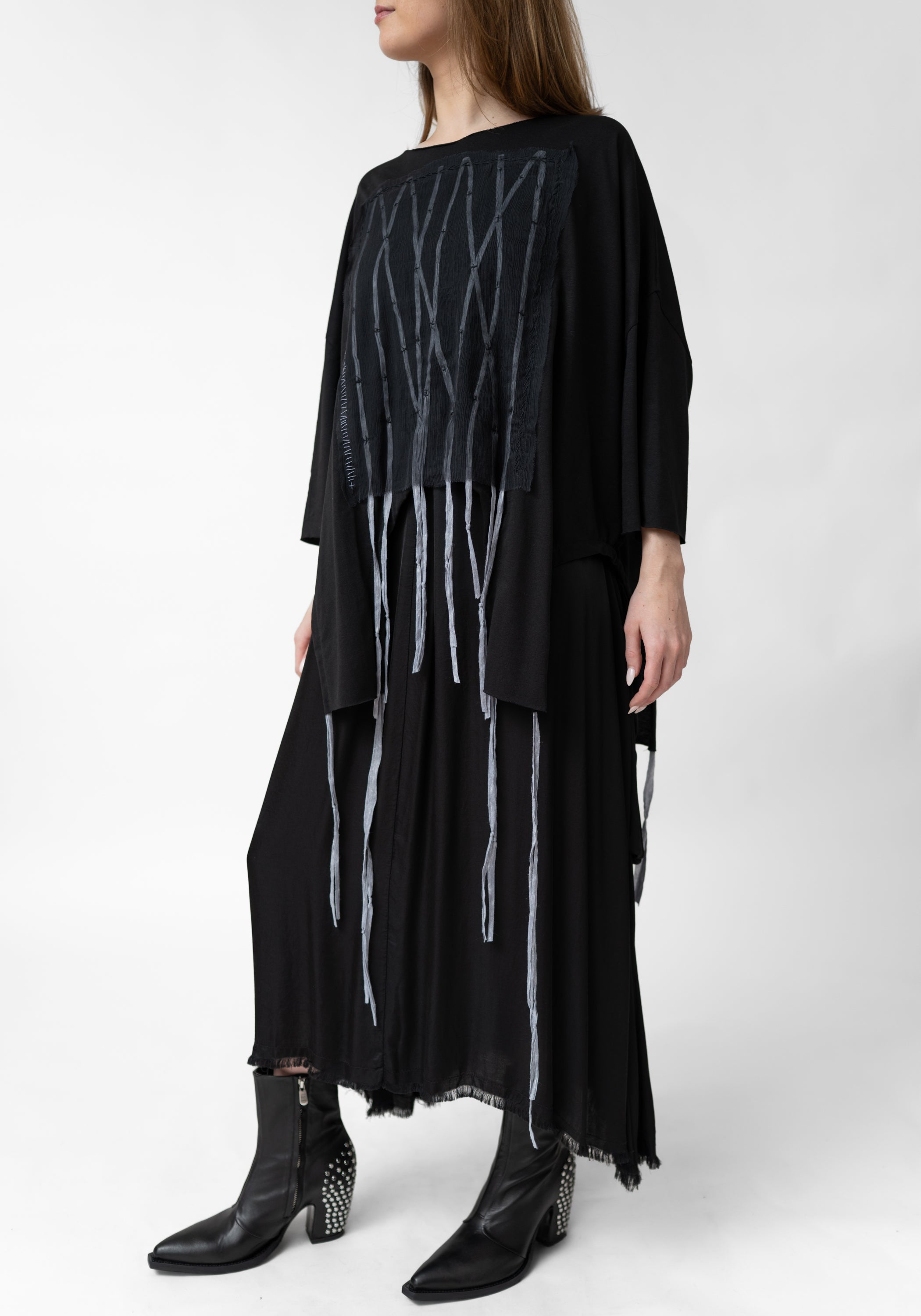 Medusa Asymmetric Layered Front Drawstring Hem T-Shirt