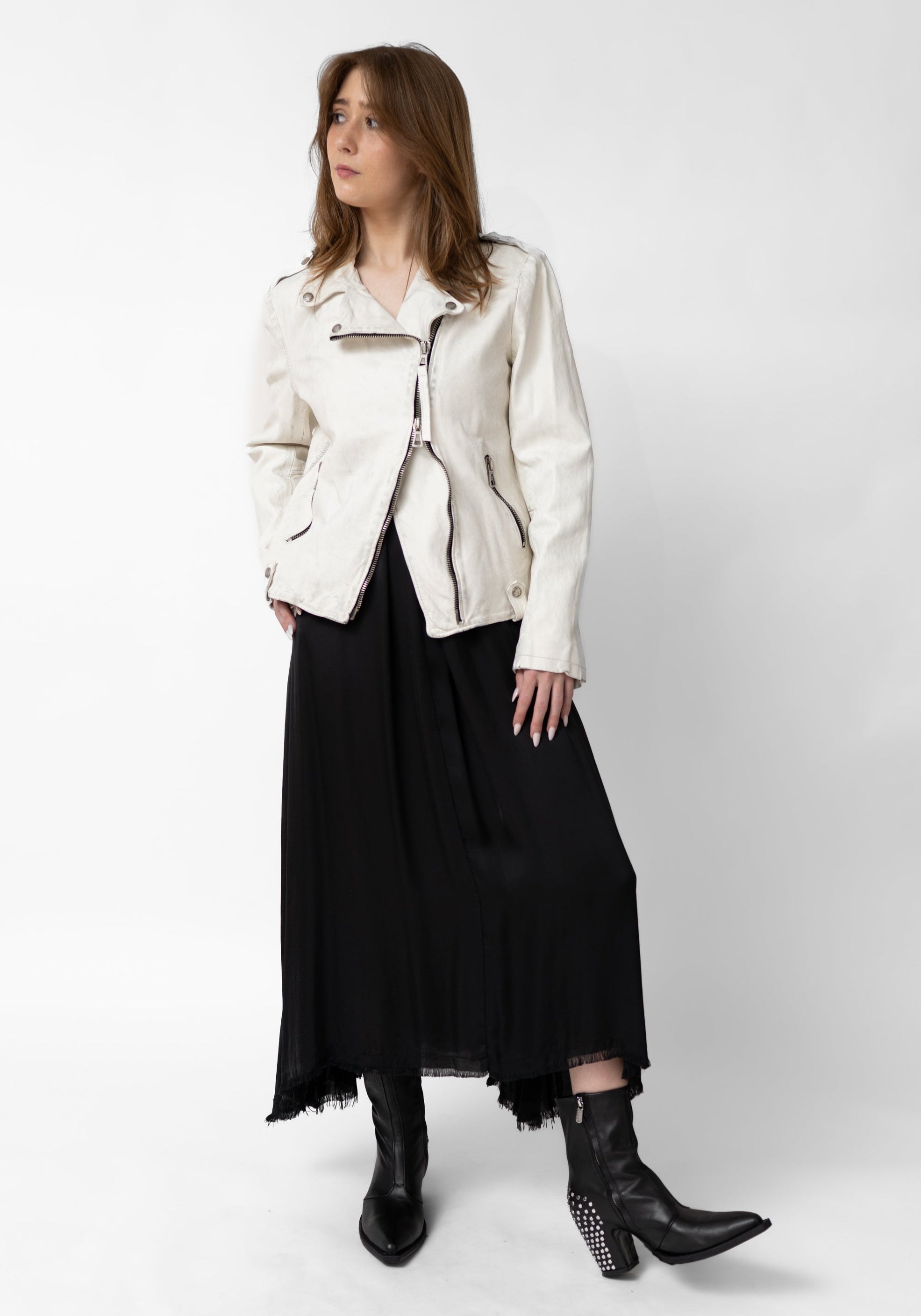 Distressed Off White Leather Biker Jacket