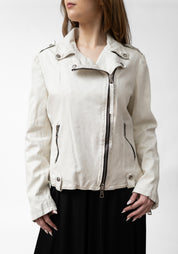 Distressed Off White Leather Biker Jacket