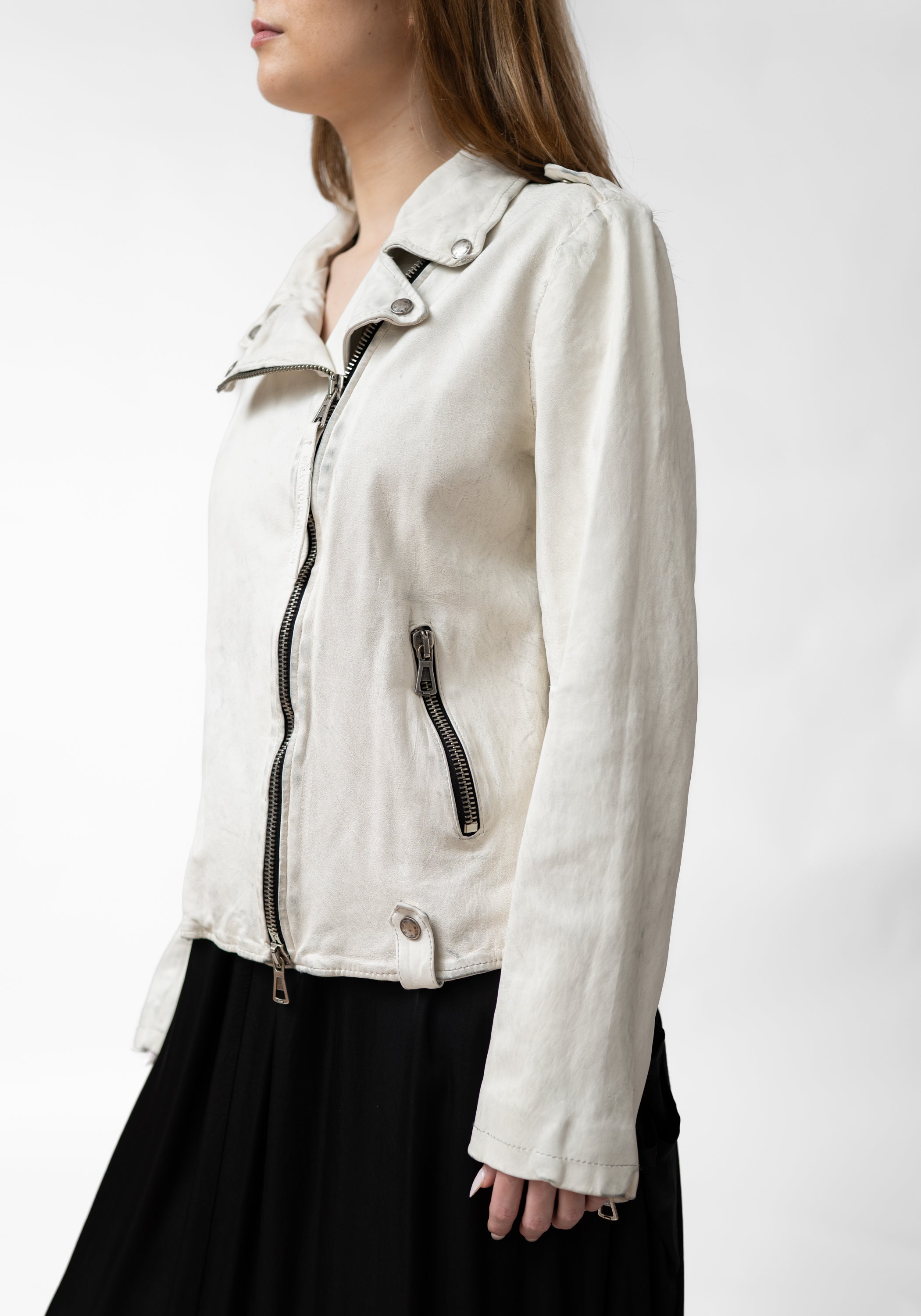 Distressed Off White Leather Biker Jacket