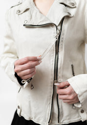 Distressed Off White Leather Biker Jacket