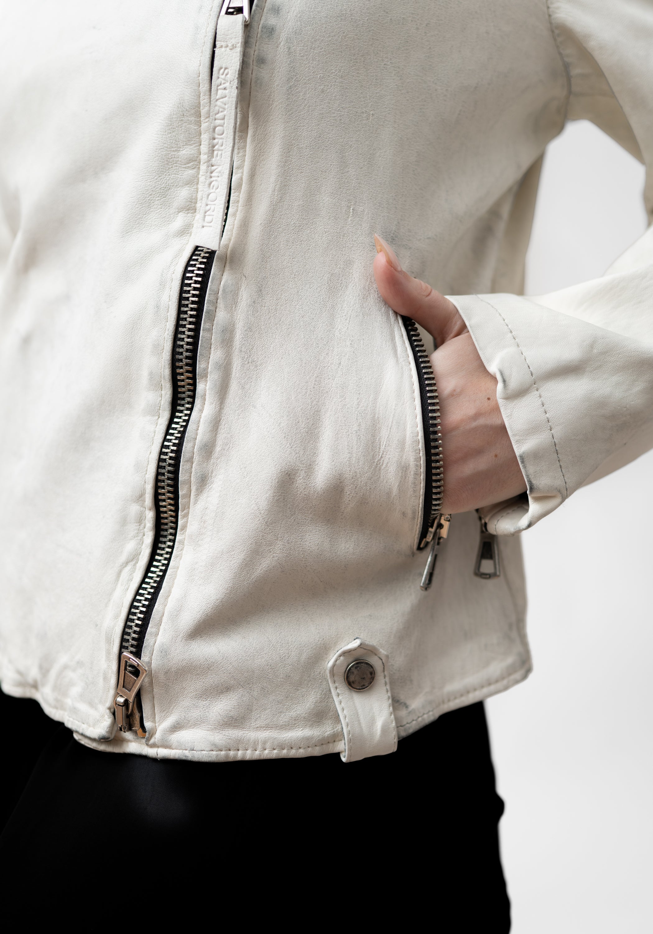 Distressed Off White Leather Biker Jacket