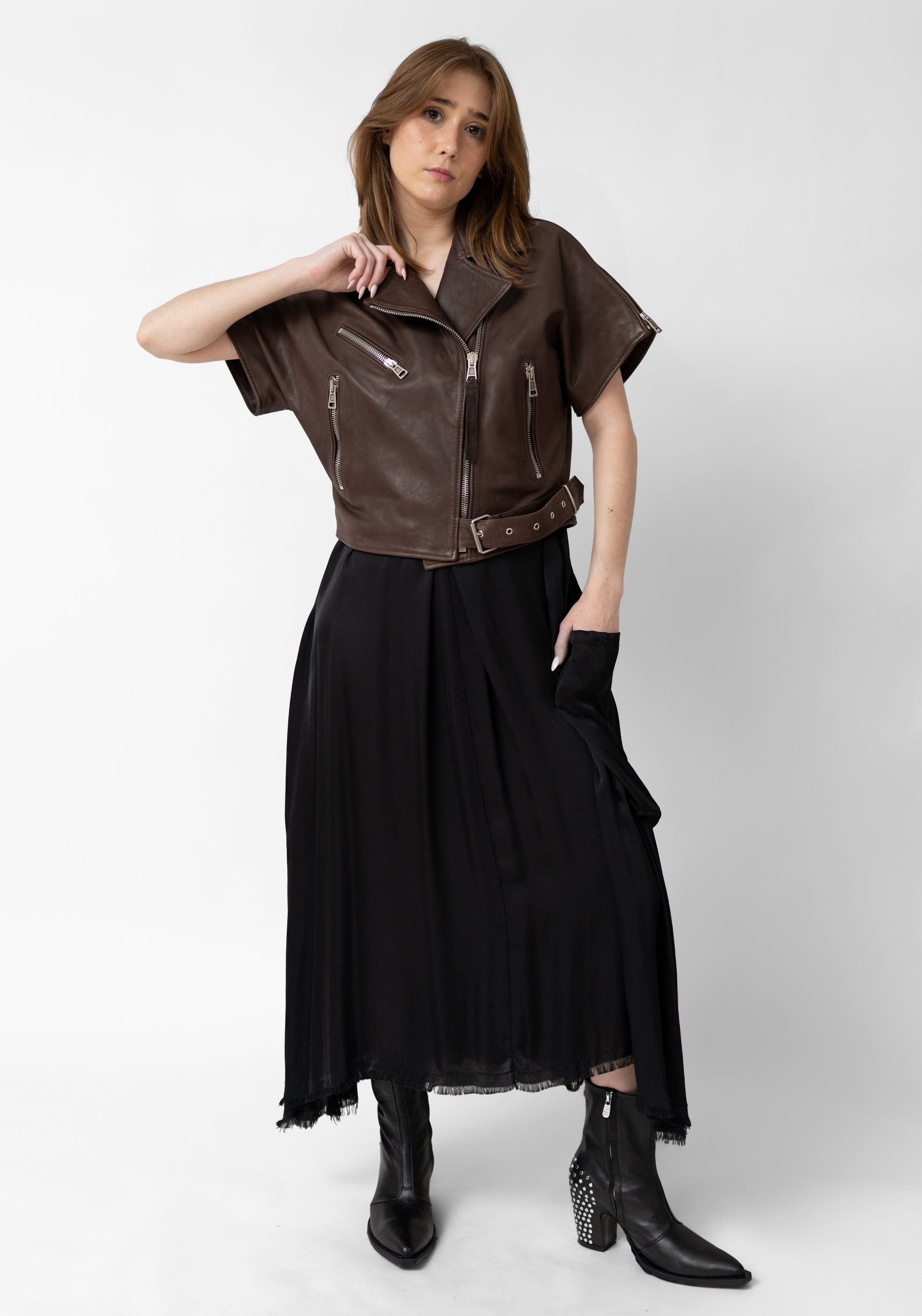 Cropped Dark Brown Leather Biker Jacket - December Thieves