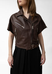 Cropped Dark Brown Leather Biker Jacket - December Thieves