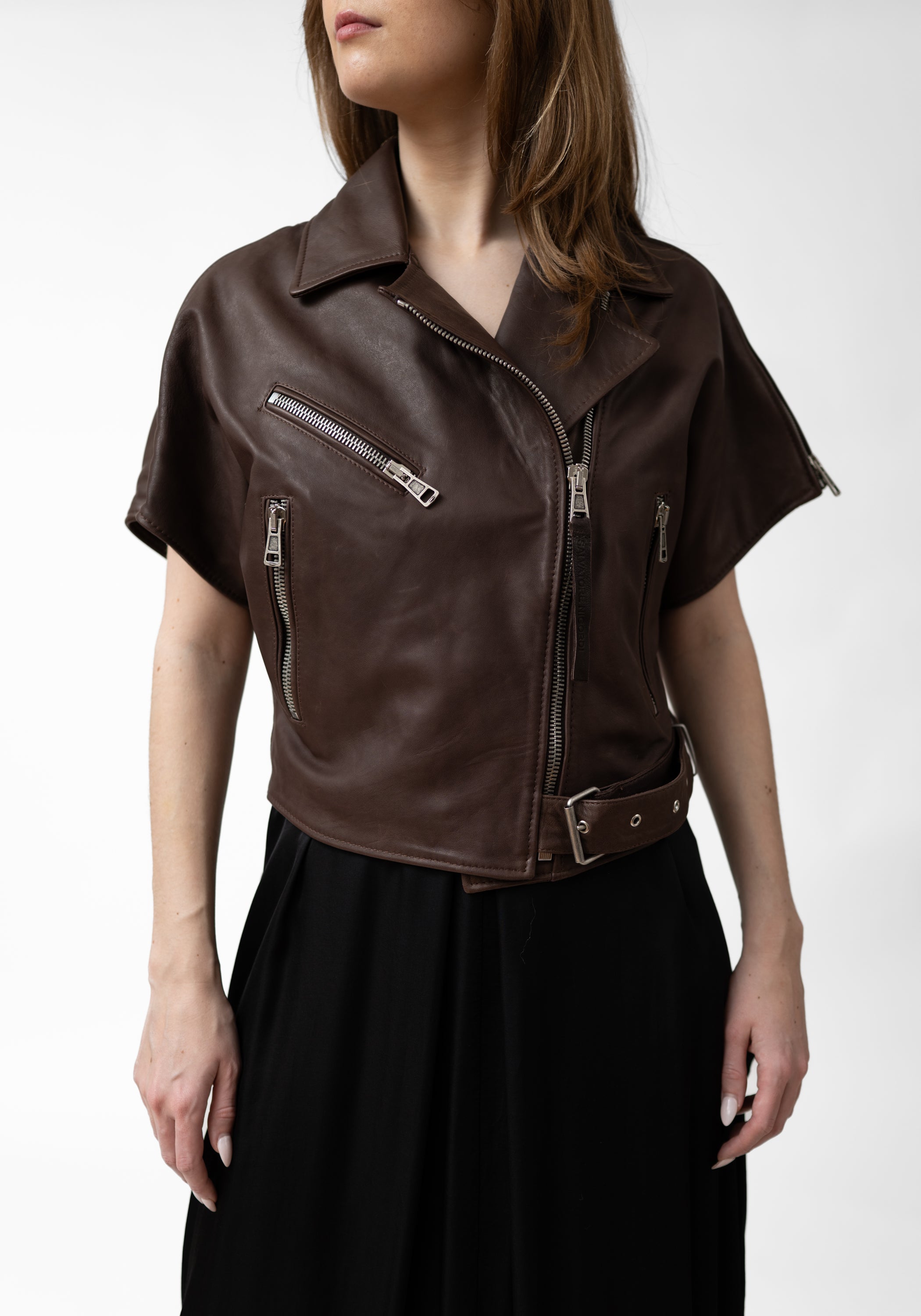 Cropped Dark Brown Leather Biker Jacket - December Thieves