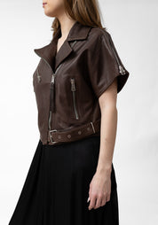 Cropped Dark Brown Leather Biker Jacket - December Thieves