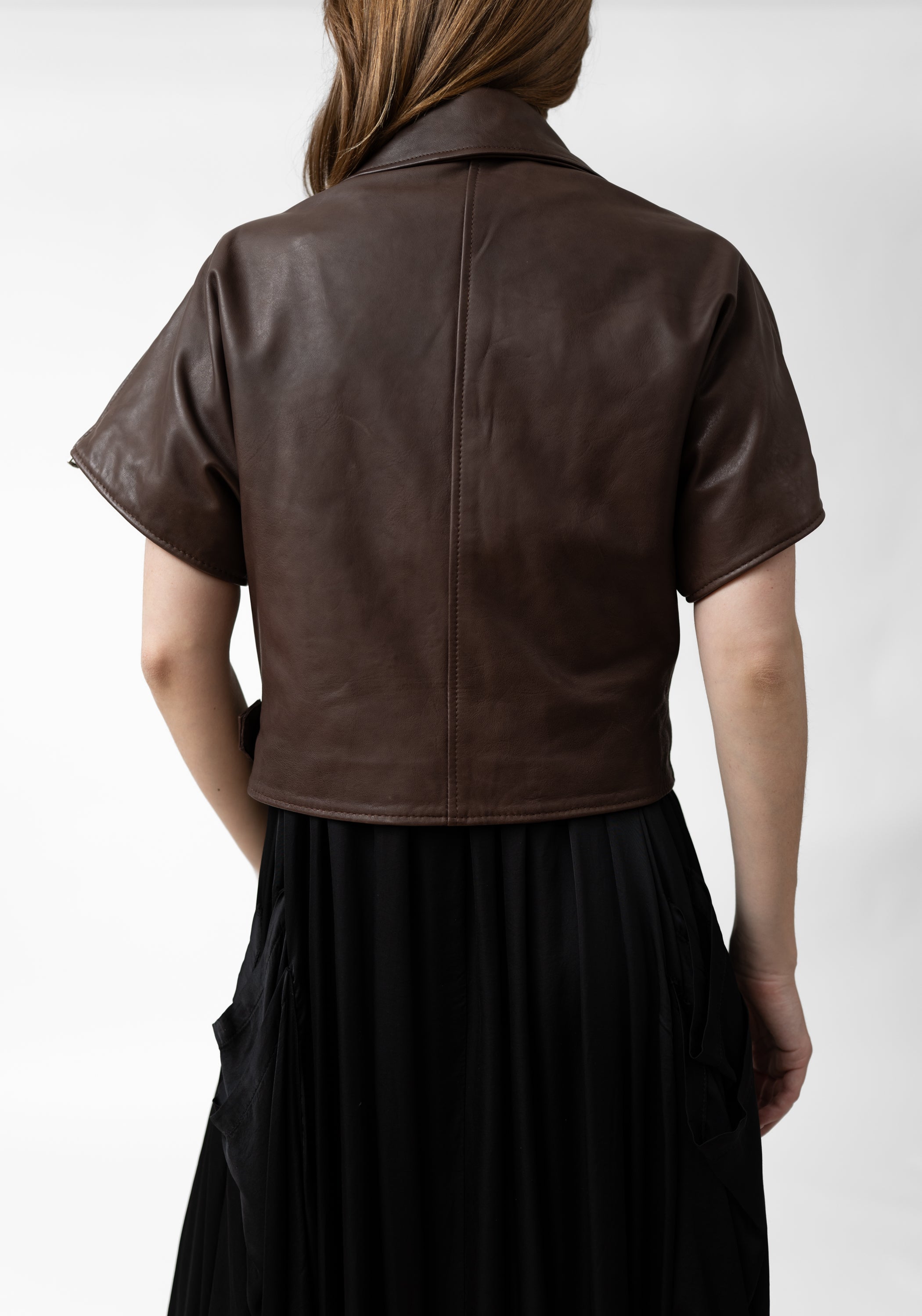 Cropped Dark Brown Leather Biker Jacket - December Thieves