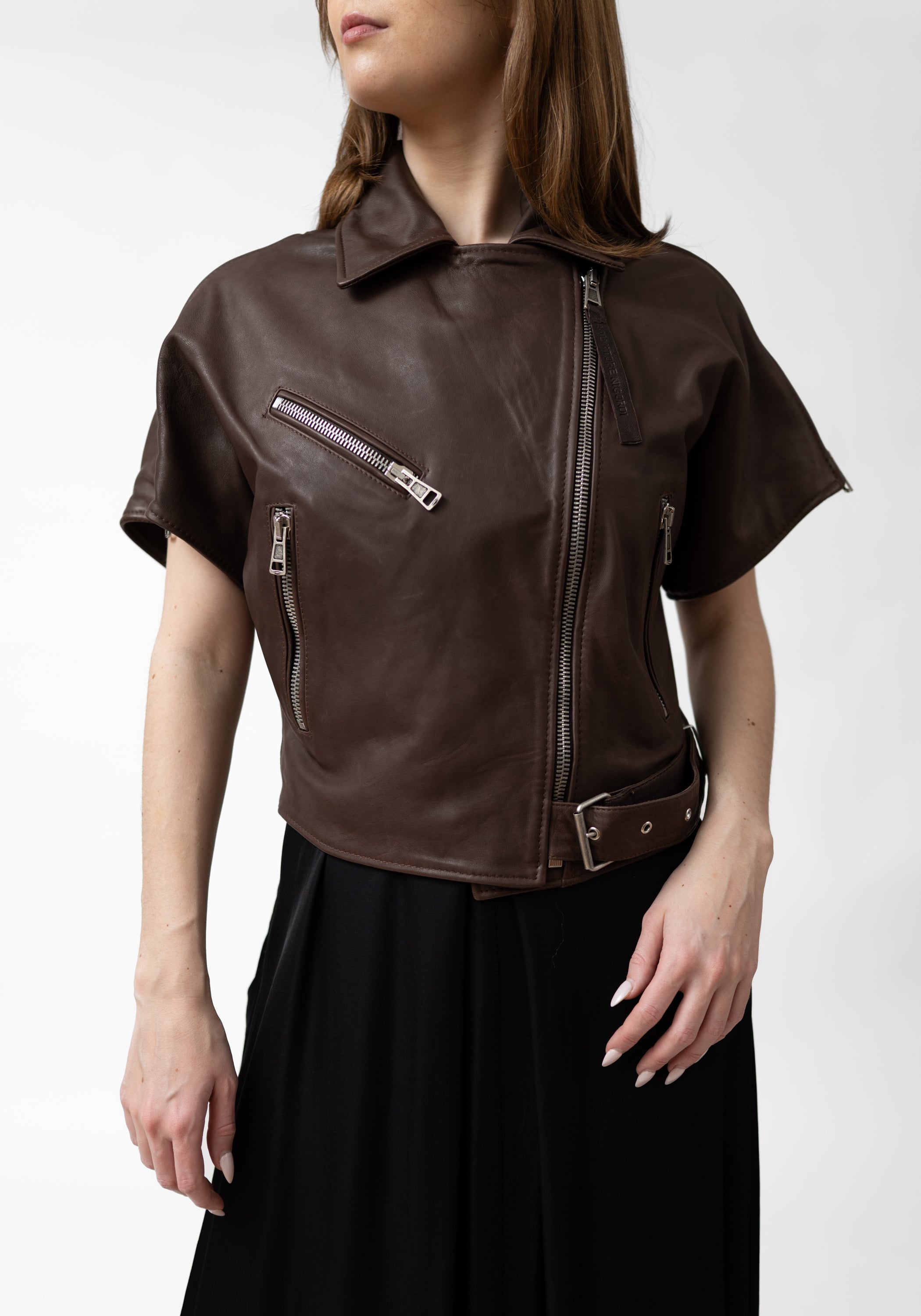 Cropped Dark Brown Leather Biker Jacket - December Thieves