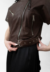 Cropped Dark Brown Leather Biker Jacket - December Thieves