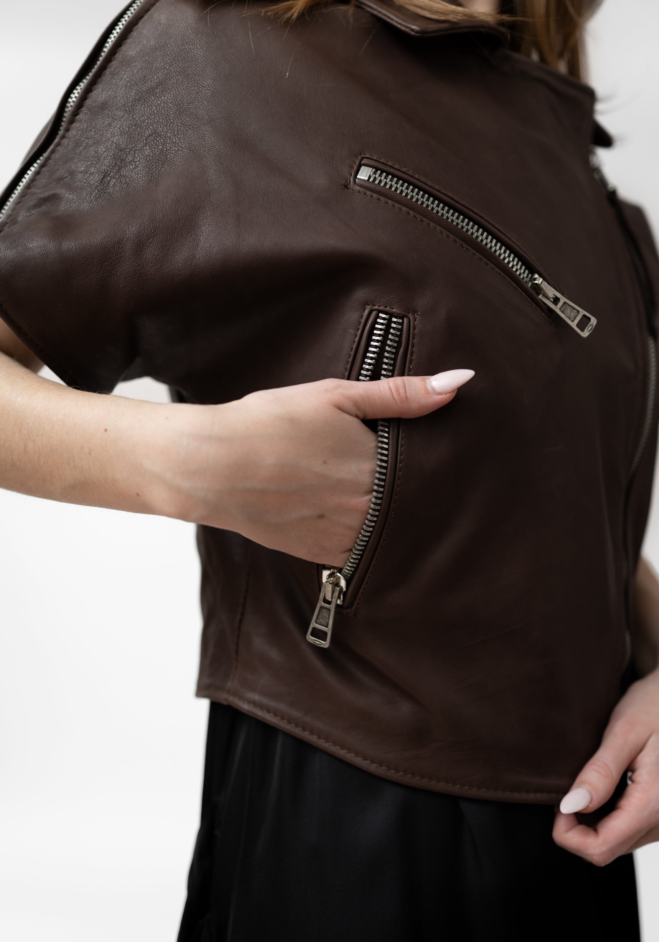Cropped Dark Brown Leather Biker Jacket - December Thieves