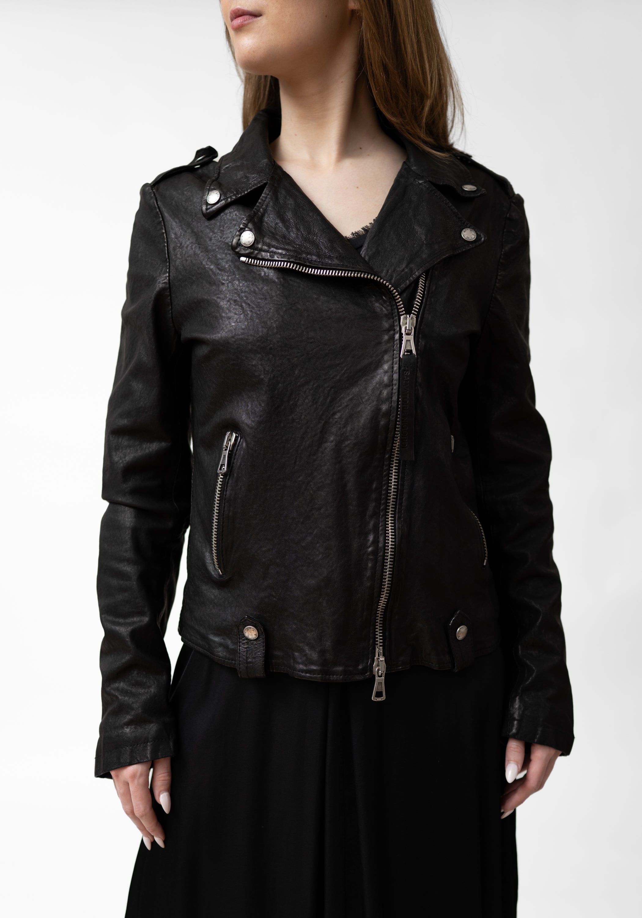 Washed Black Leather Biker Jacket