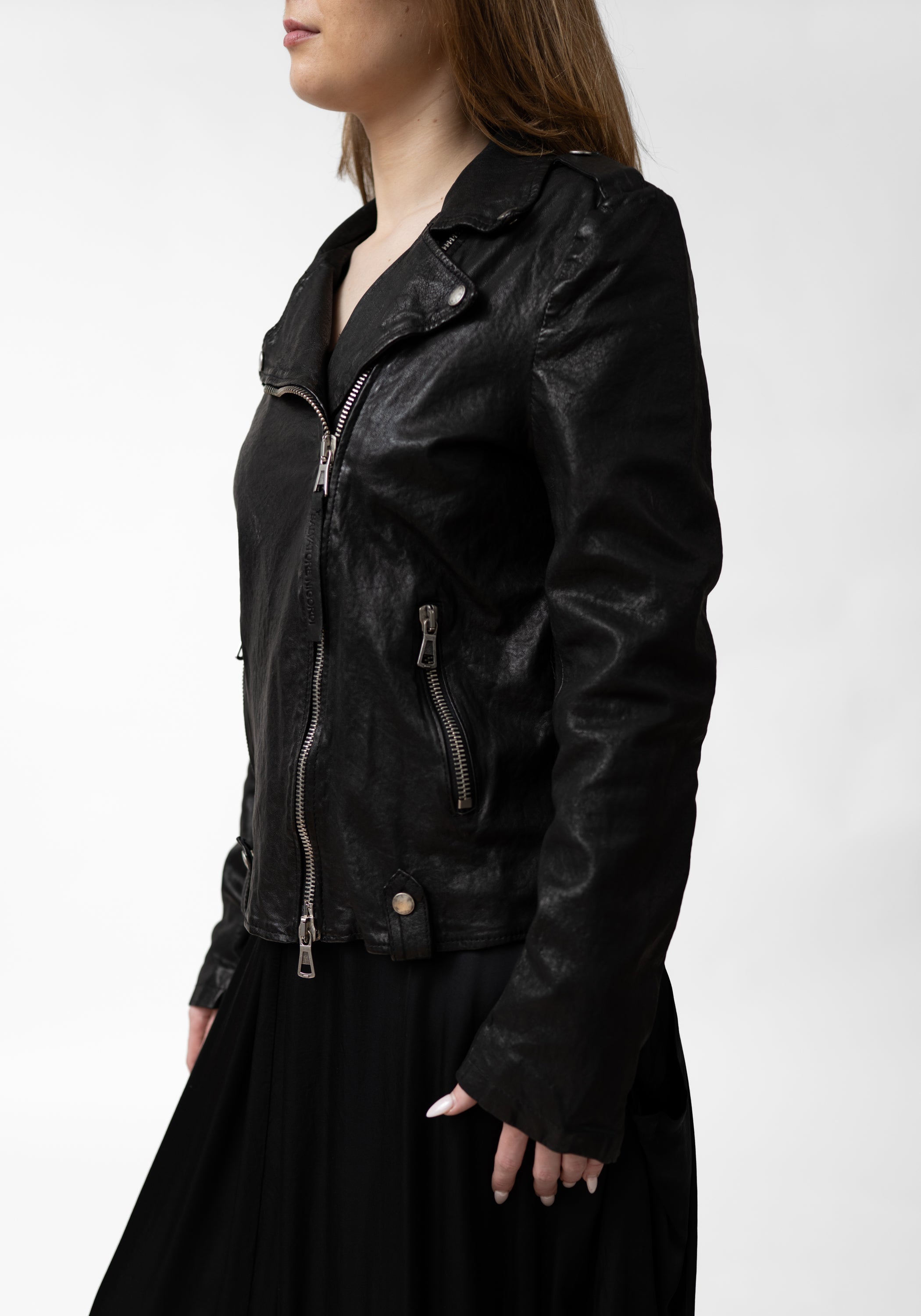 Washed Black Leather Biker Jacket