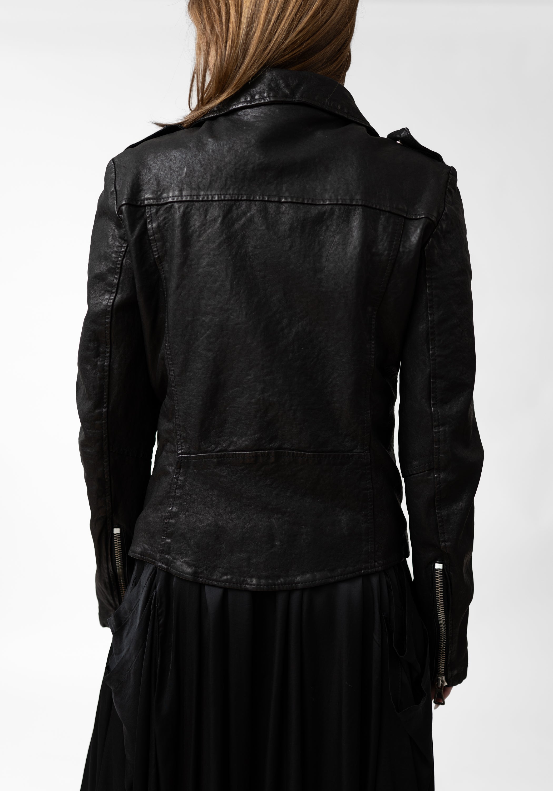 Washed Black Leather Biker Jacket