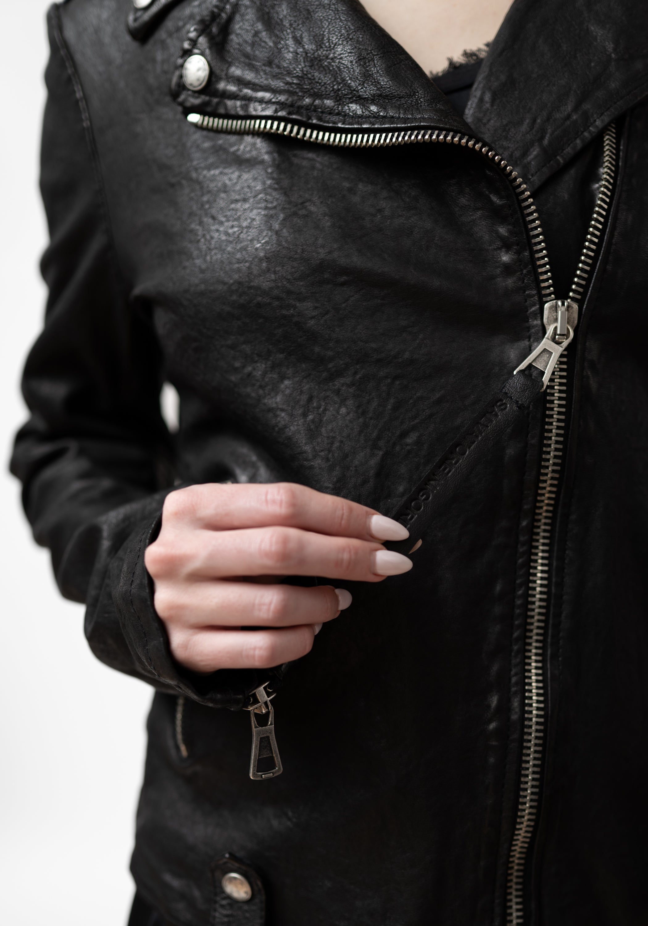Washed Black Leather Biker Jacket