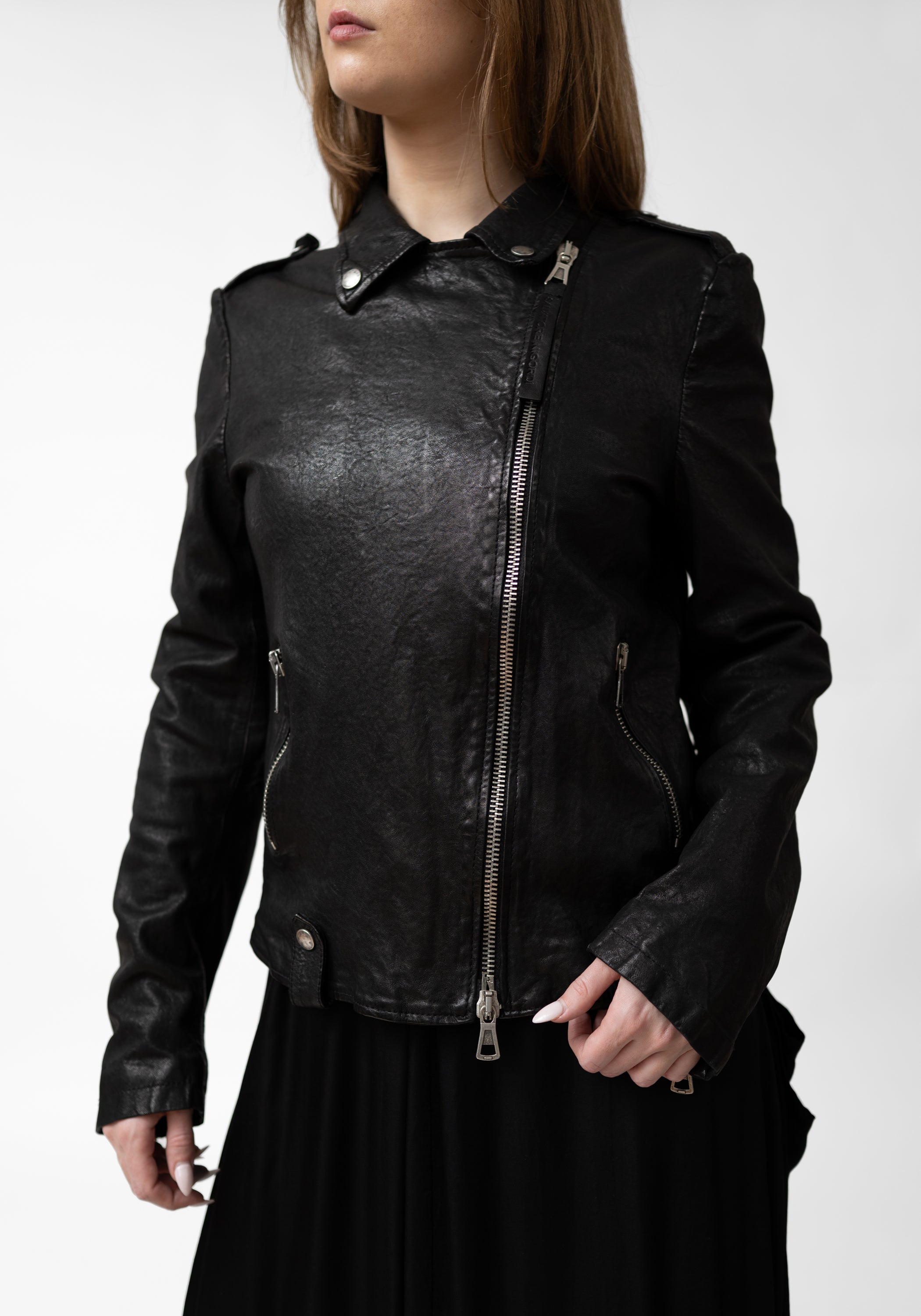 Washed Black Leather Biker Jacket