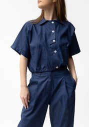 Coated Cropped Drawstring Detail Blouse in COBALT, TOAST or BLACK