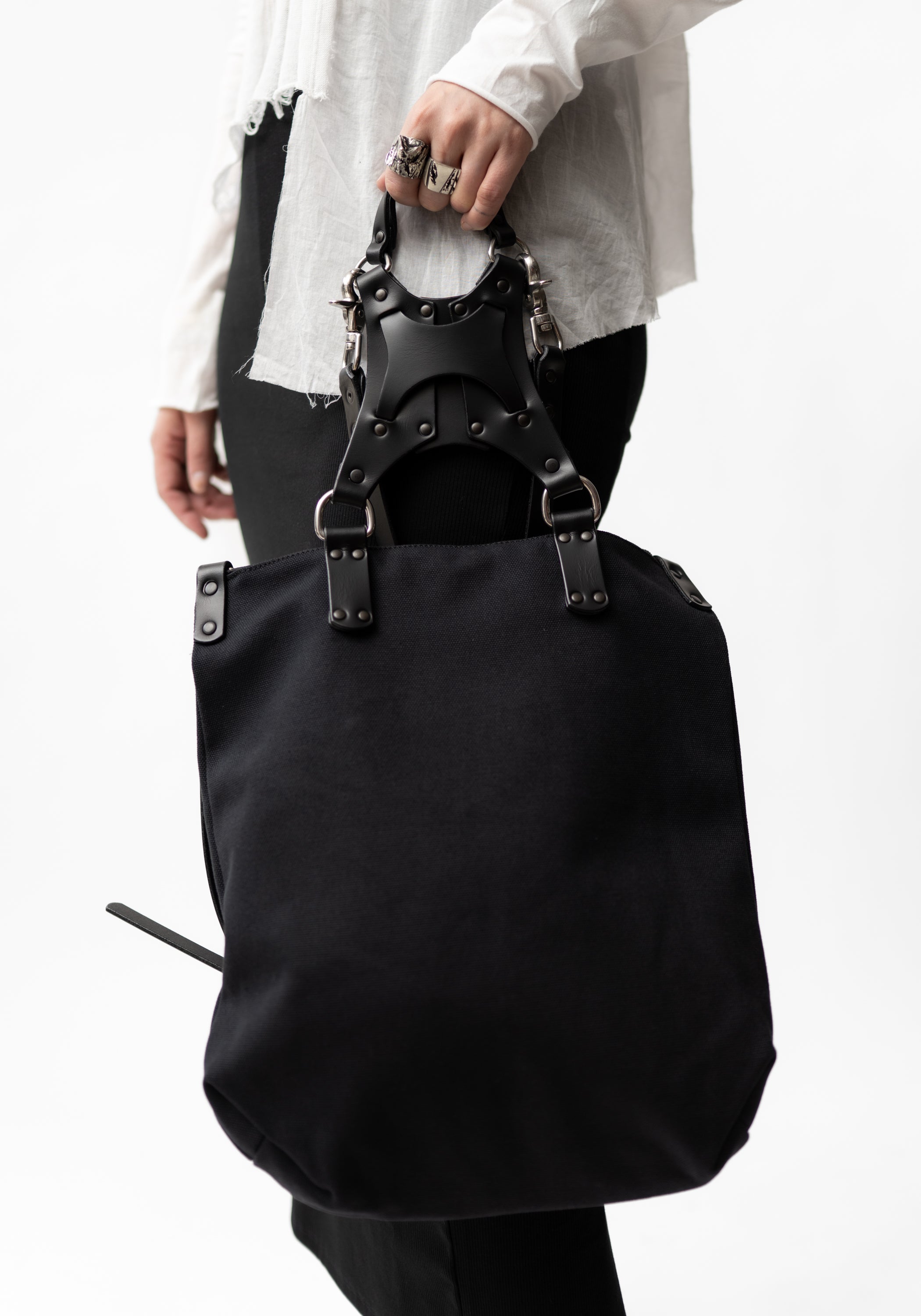 Uto Black Canvas and Leather Harness Backpack/Shoulder Bag