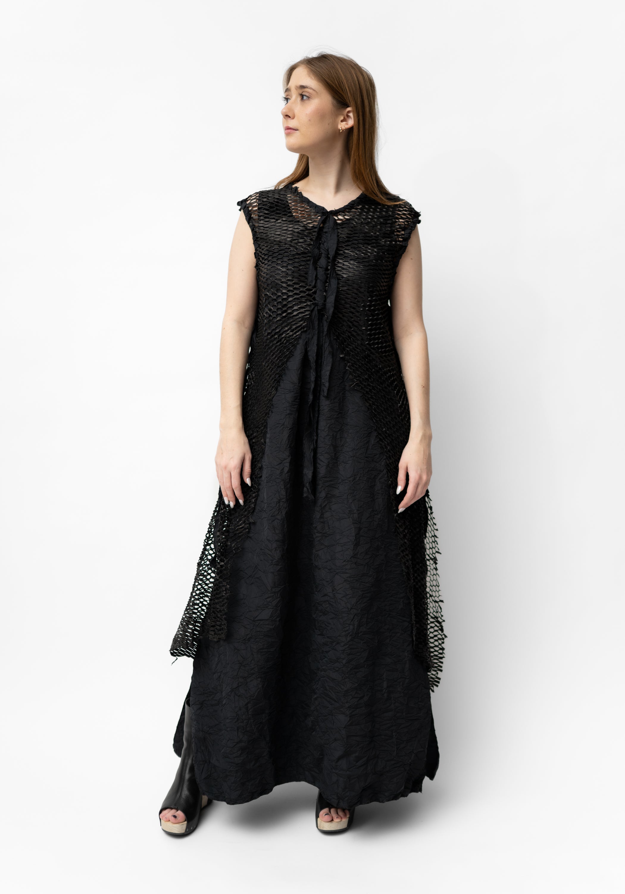 Hubert Sleeveless Draped Laser Cut Leather Sides Crinkle Texture Maxi Dress
