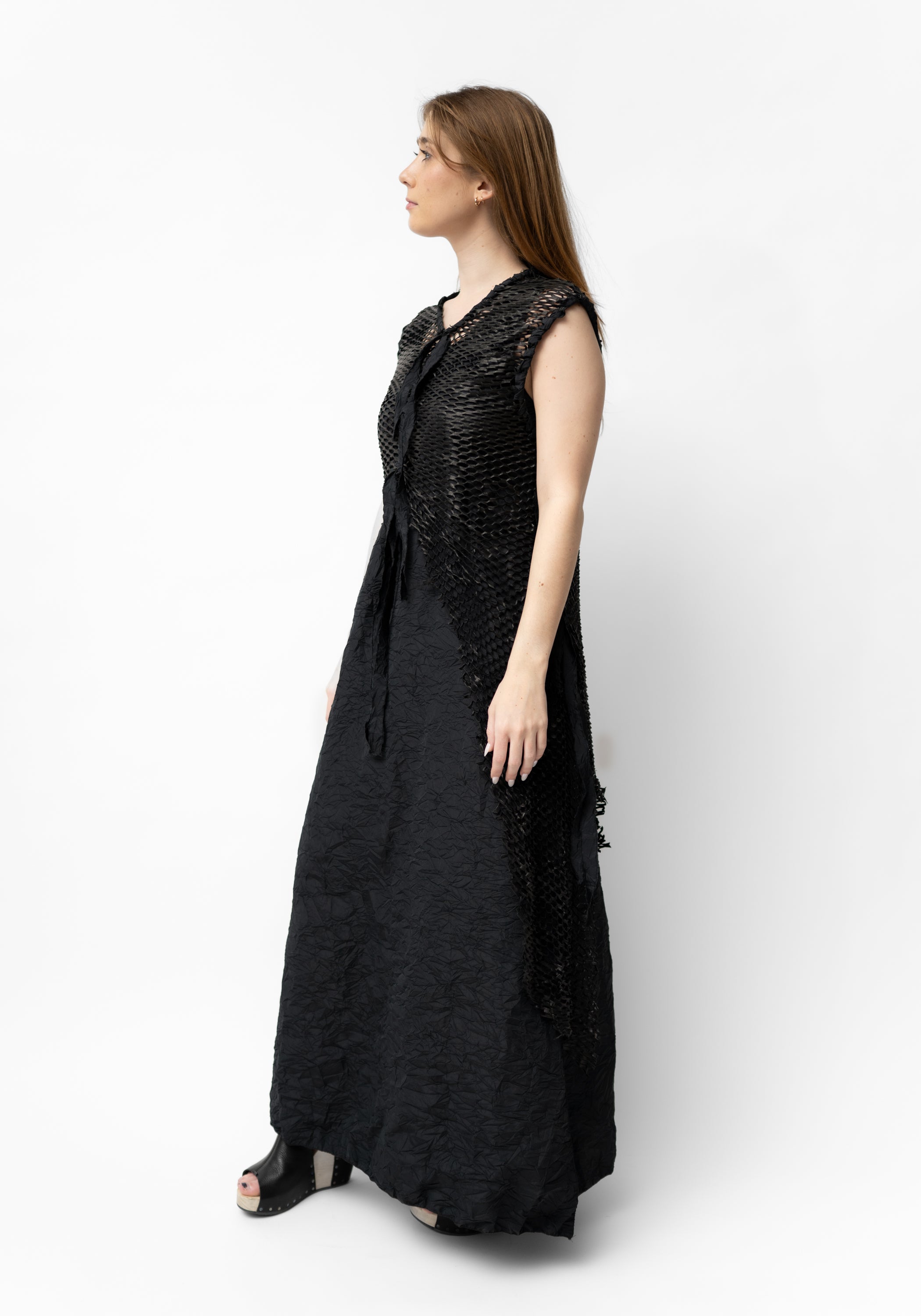 Hubert Sleeveless Draped Laser Cut Leather Sides Crinkle Texture Maxi Dress