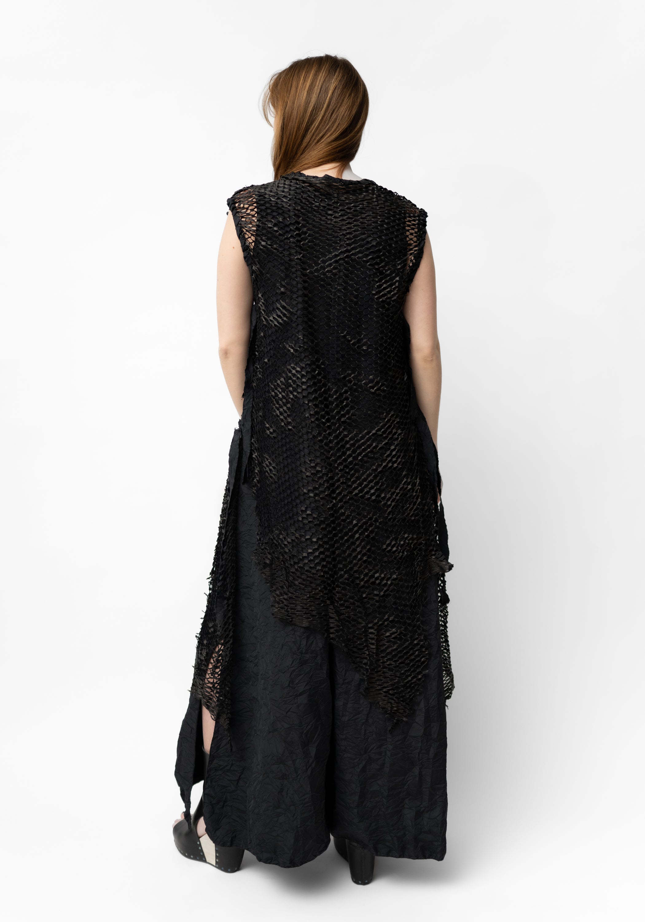 Hubert Sleeveless Draped Laser Cut Leather Sides Crinkle Texture Maxi Dress