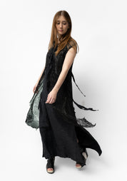 Hubert Sleeveless Draped Laser Cut Leather Sides Crinkle Texture Maxi Dress