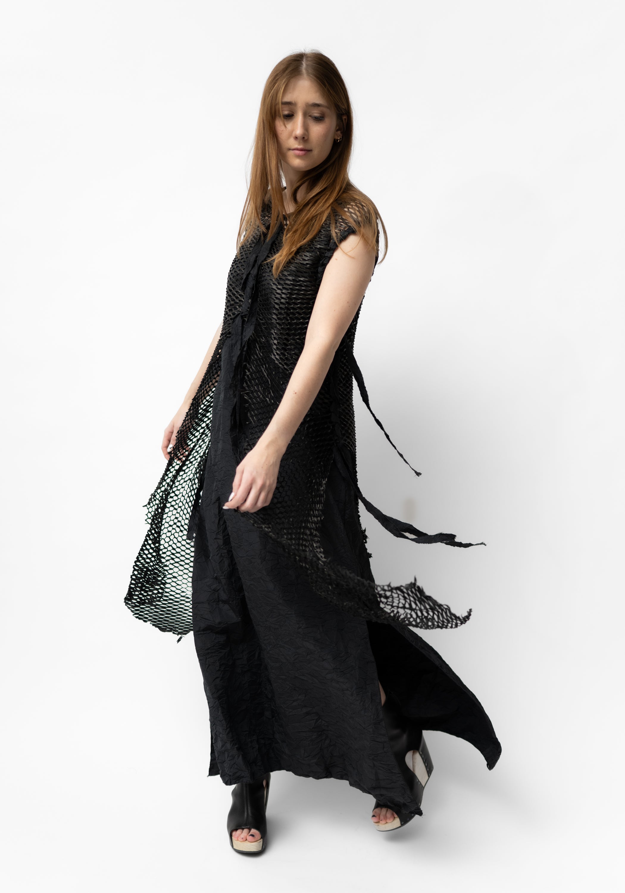 Hubert Sleeveless Draped Laser Cut Leather Sides Crinkle Texture Maxi Dress