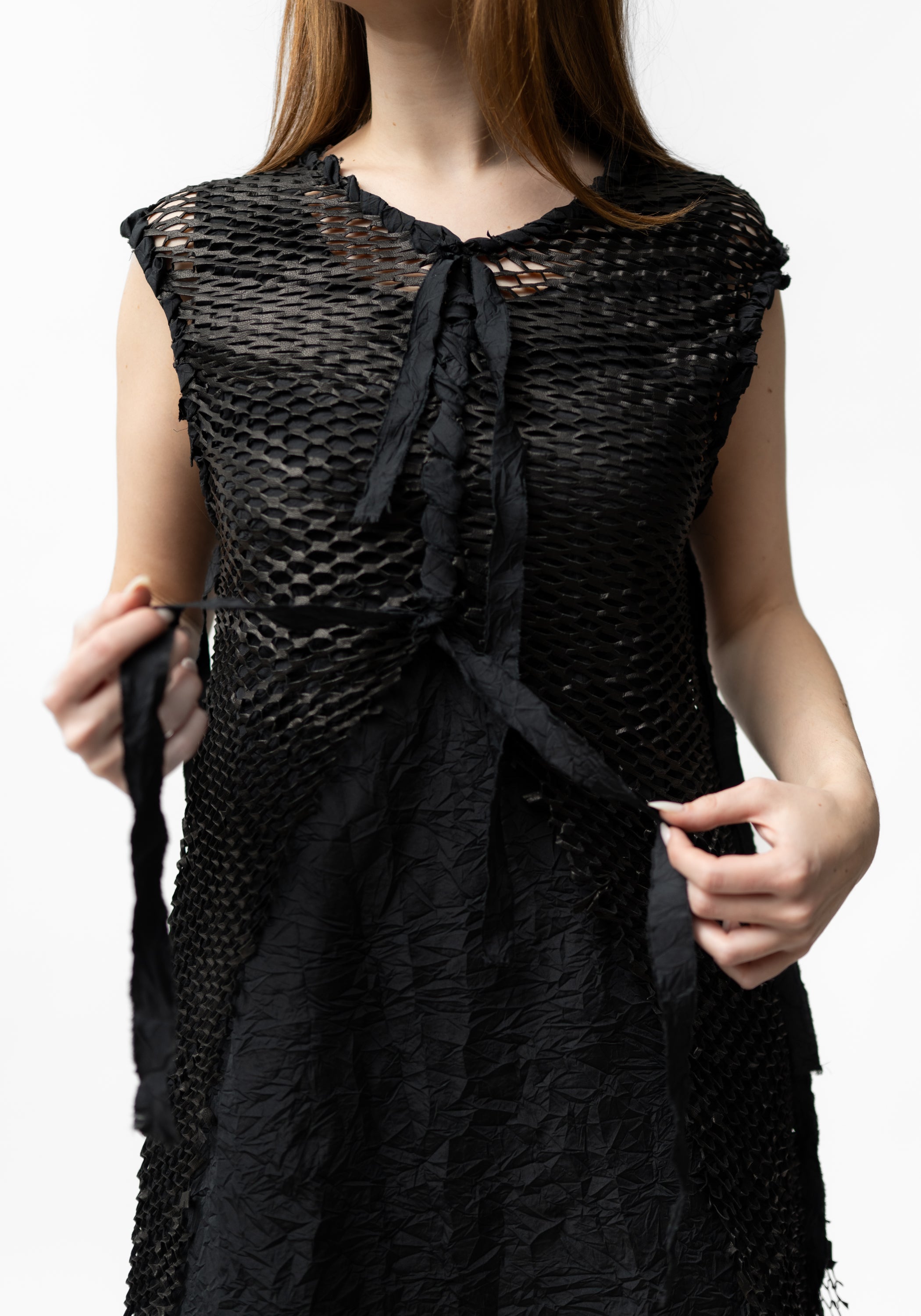 Hubert Sleeveless Draped Laser Cut Leather Sides Crinkle Texture Maxi Dress
