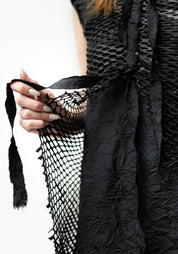 Hubert Sleeveless Draped Laser Cut Leather Sides Crinkle Texture Maxi Dress