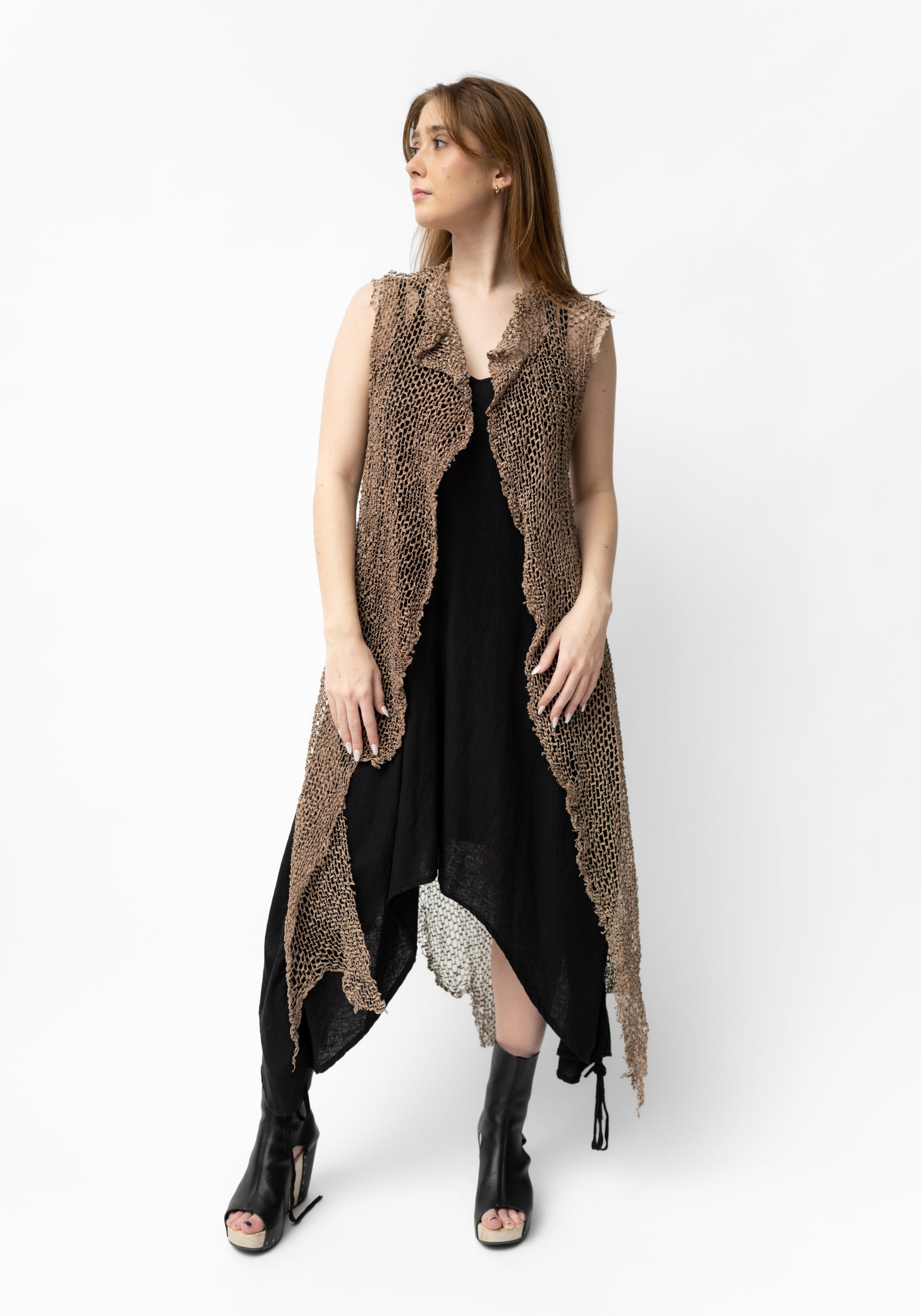 Eric Asymmetric Open Front Laser Cut Taupe Leather Vest