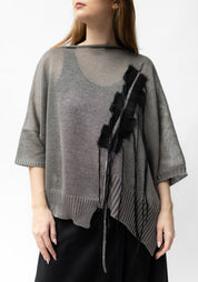 Gigi Grey Asymmetric Silk Detail Hand Embroidered Knit Linen Top