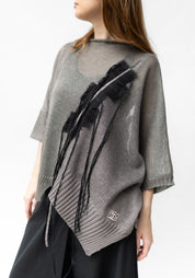 Gigi Grey Asymmetric Silk Detail Hand Embroidered Knit Linen Top