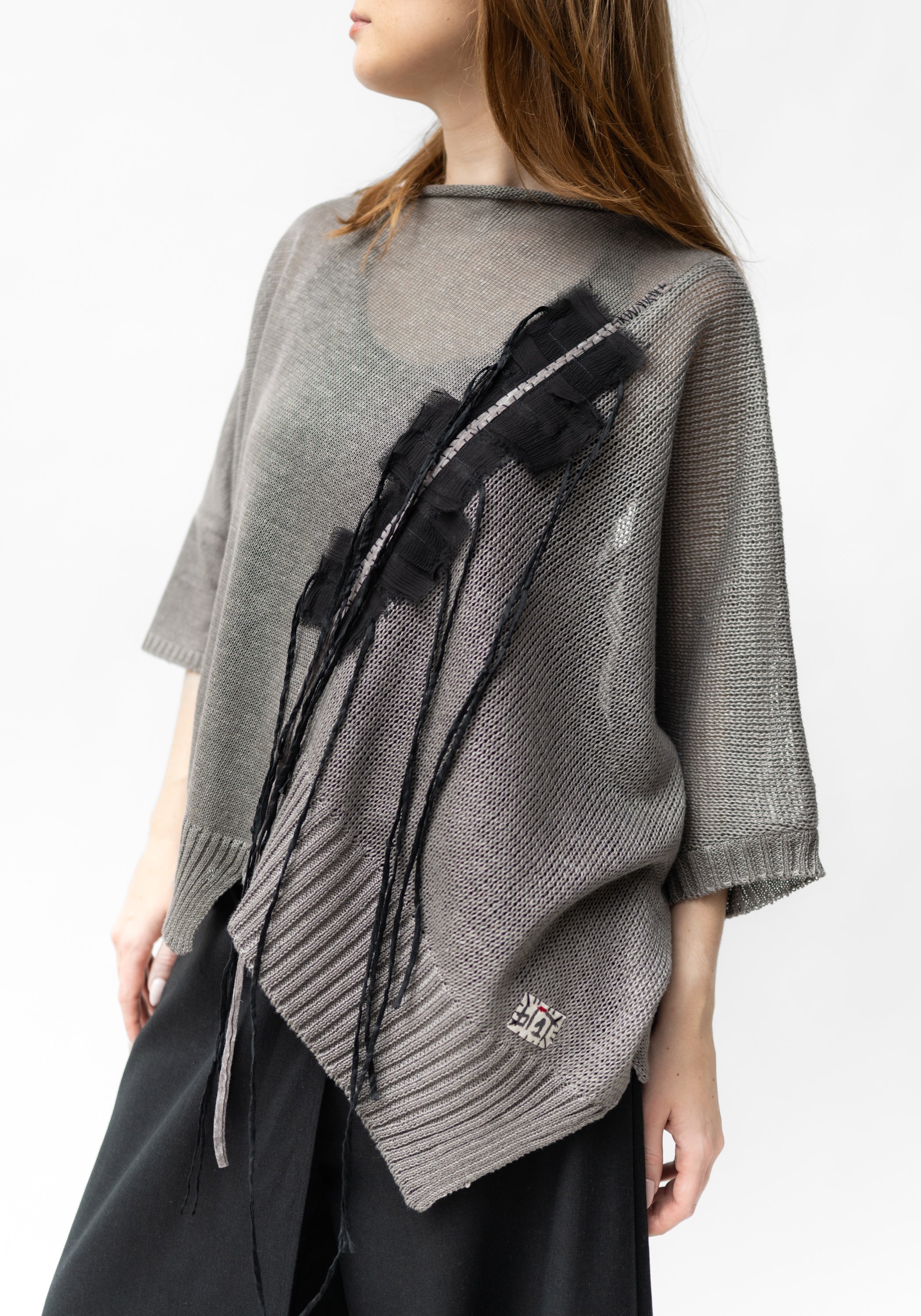Gigi Grey Asymmetric Silk Detail Hand Embroidered Knit Linen Top
