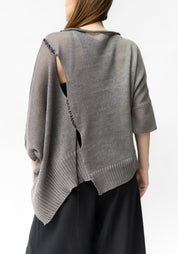 Gigi Grey Asymmetric Silk Detail Hand Embroidered Knit Linen Top